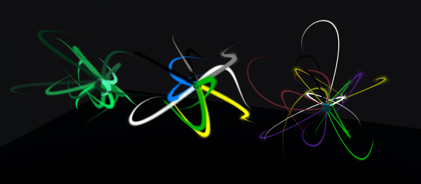 3 sculptures of piky lines that taper to points. As the curves navigate 3d space, some of the sharper sections of curves have spikiness due to the particles behavior. Different color pallettes are used for each instance.